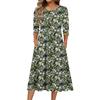 3/4 Sleeve Women's Dress Casual Flowy A-Line Midi Tshirt Dresses With Pockets Crewneck Vocation Boho Beach Sundress