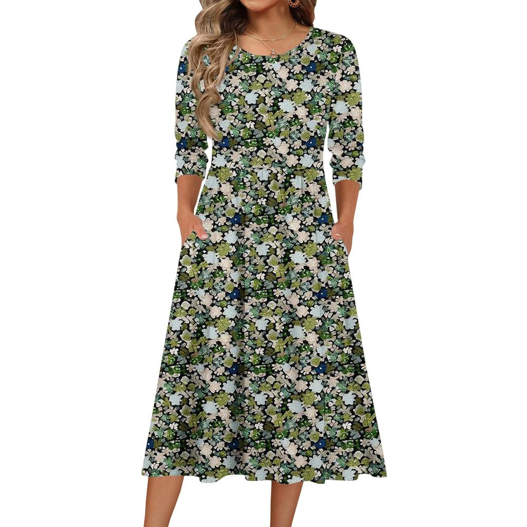 3/4 Sleeve Women's Dress Casual Flowy A-Line Midi Tshirt Dresses With Pockets Crewneck Vocation Boho Beach Sundress