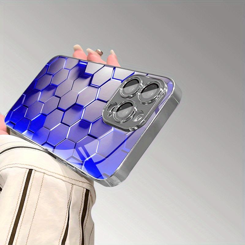 Abstract Blue Light Neon Honeycomb Pattern Electroplated Glass Case For iPhone 17 16 15 14 13 12 Pro Max Plus 16E 17 Air Cover