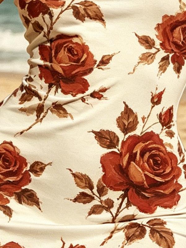 Women's Cream Base Vintage Red Rose Floral Print Sleeveless Bodycon Mini Dress, High Waist Form-Fitting Summer Beach Dress
