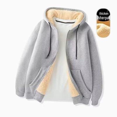 Herren 2023 Fleecegefütterter Lammwoll-Kapuzenpullover mit Reißverschluss, Koreanischer Stil, Herbst/Winter Einfarbig.