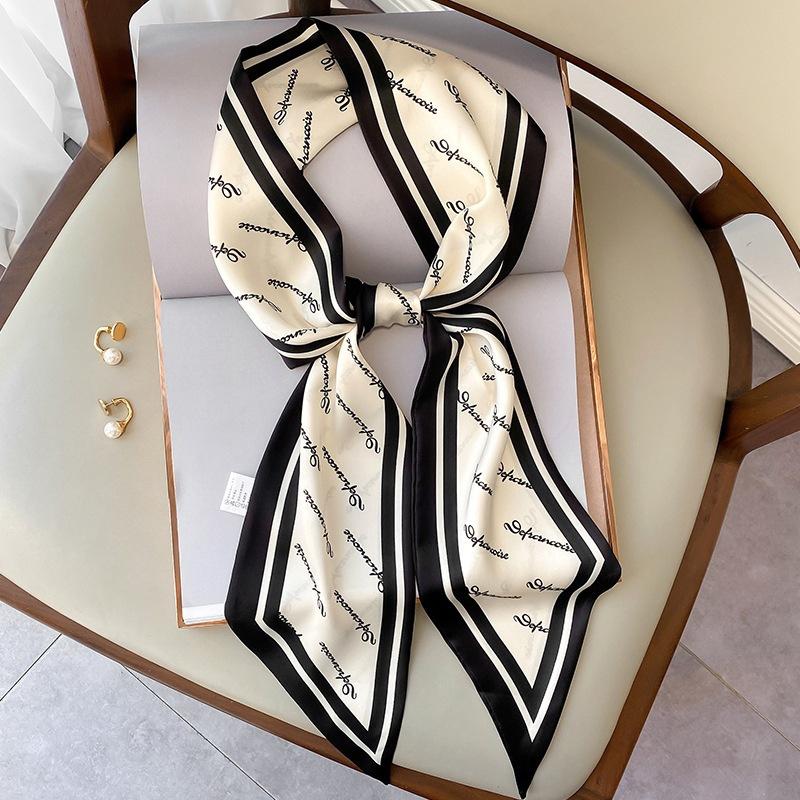 Fashion Blue Print Silk Scarf Women Soft Satin Horse Hairband Bevel Neckerchief Office Hijab Headband Foulard Bag Ribbons Gift