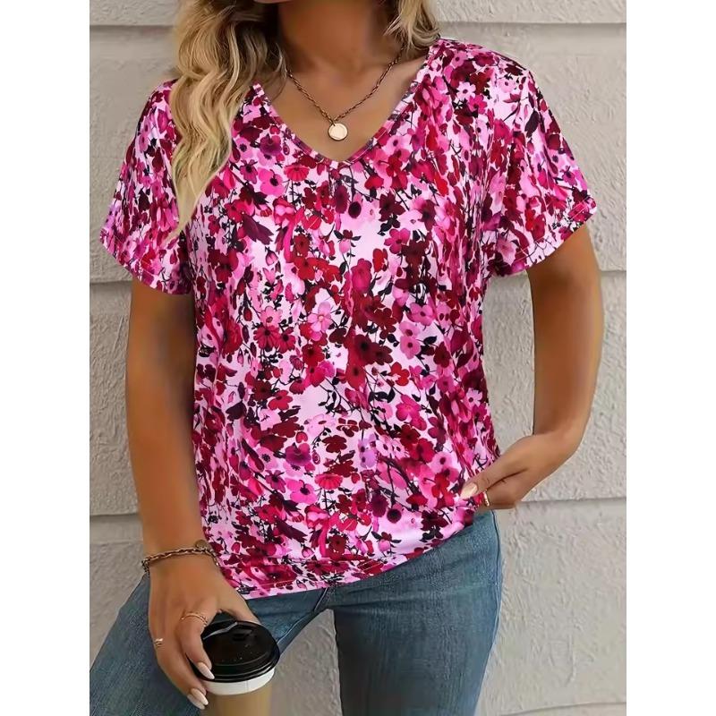 

3D T-shirt Women Summer Casual Elegant Simple V-neck Short-sleeved Floral Retro Top Loose Casual Wear Ladies T-shirt S
