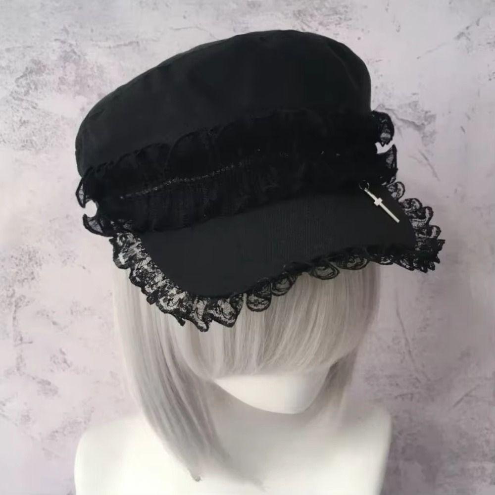 Cool Black Y2K Hat Girl Double Layer Lace Outdoor Sun Hat Versatile Lace Beret Caps  Women Ladies