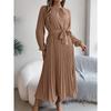 Spring and Autumn Elegant Stand Collar Long-sleeved Waist-fitting Pleated Women's Dresses