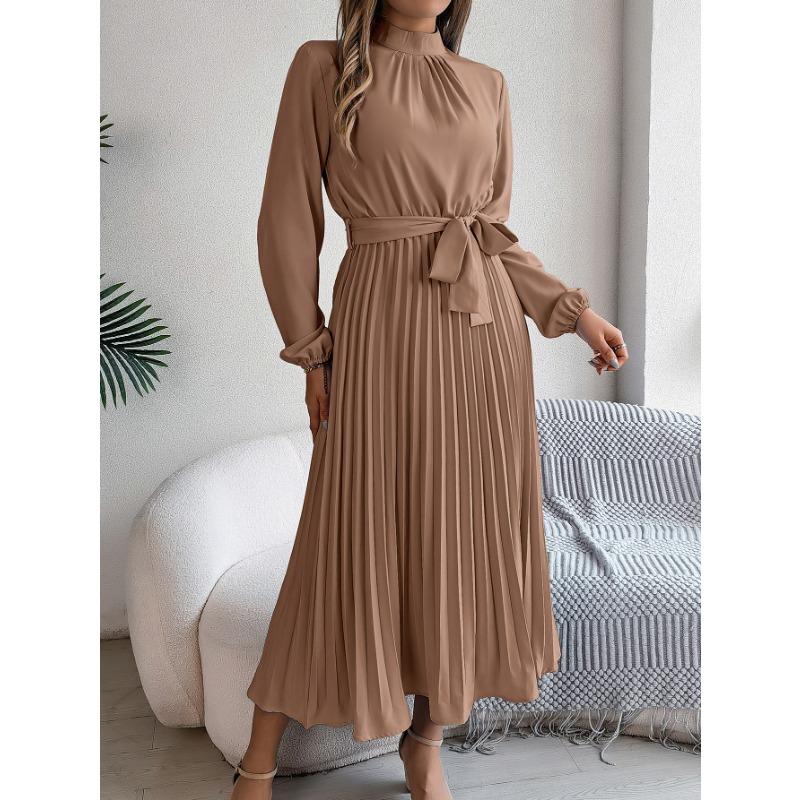 Spring and Autumn Elegant Stand Collar Long-sleeved Waist-fitting Pleated Women's Dresses
