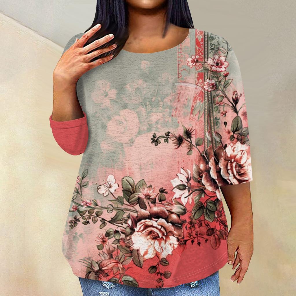 Women's Fashionable Casual Three Quarter Sleeve Printed Round Neck Pullover Top