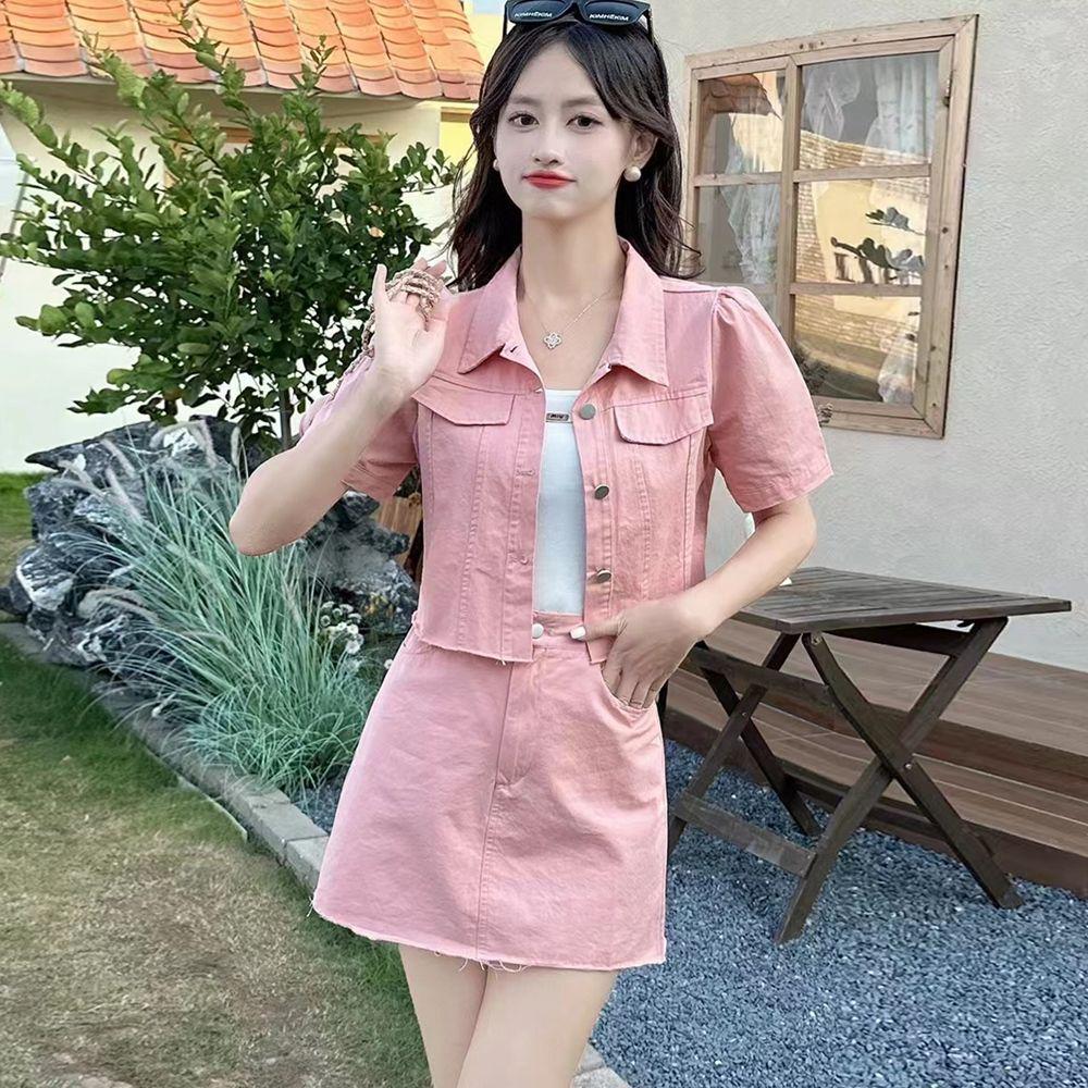 

Summer 2026 Stylish Denim Three-Piece Set: Age-Reducing, Casual, Chic Short-Sleeved Skirt S 40-46 kg
