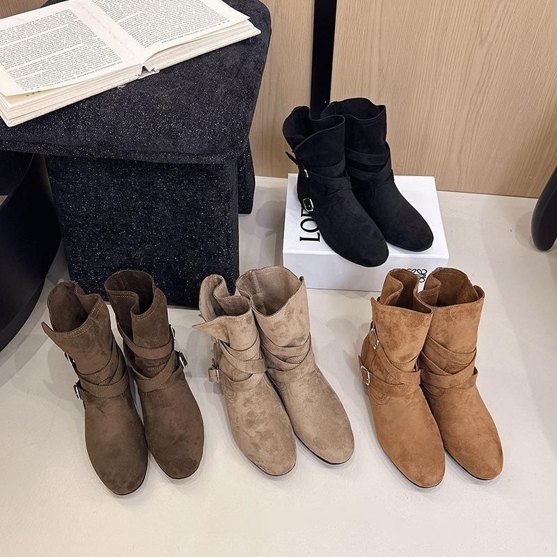 Versatile buckle belt heightening in the pile, autumn and winter brown short boots, women's retro matte new fashion boots