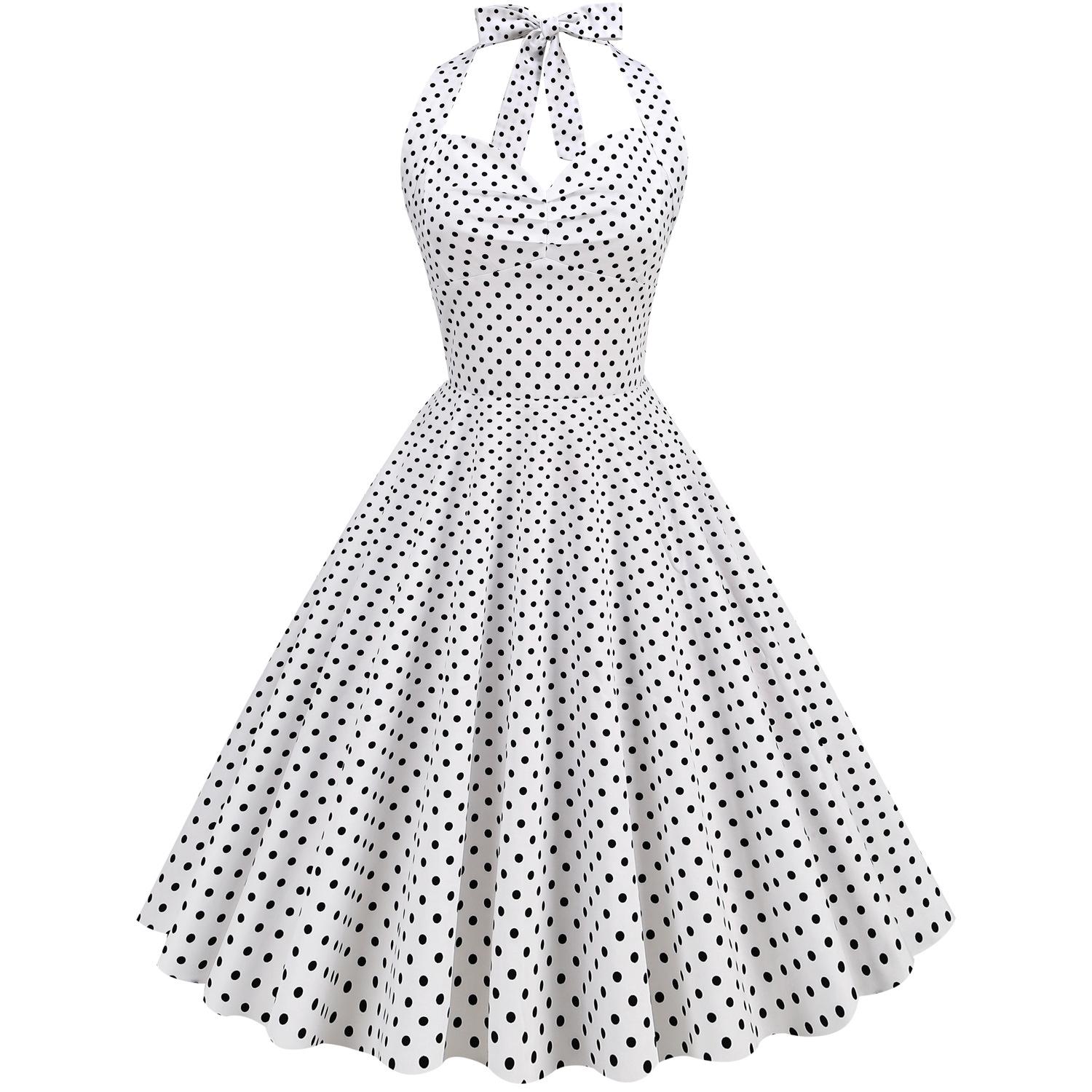 

Vintage polka dot halter-neck backless tie-front slimming fitted waist-cinched flared dress for women S