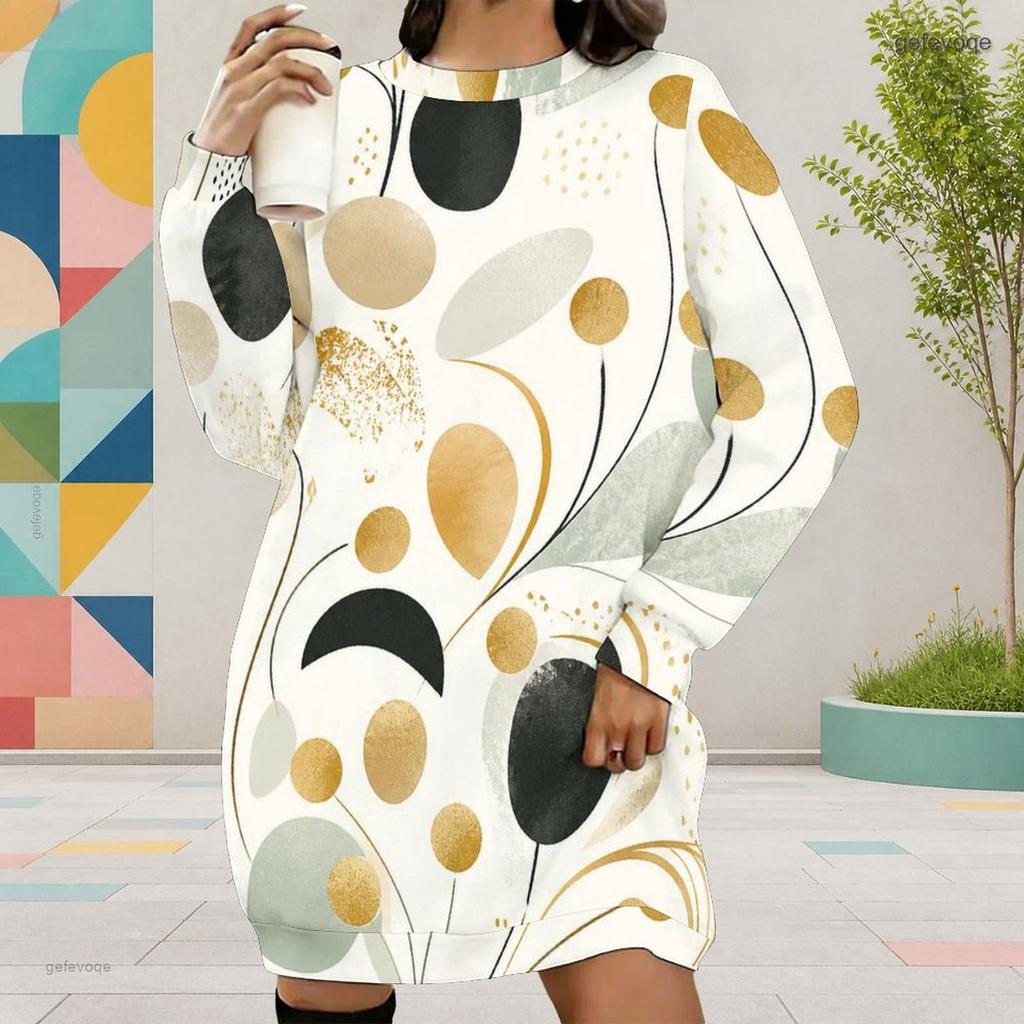 Women Plus Size Round Neck Long Sleeve Printed Black Mini Sweatshirt Dress Ribbed Cuffs