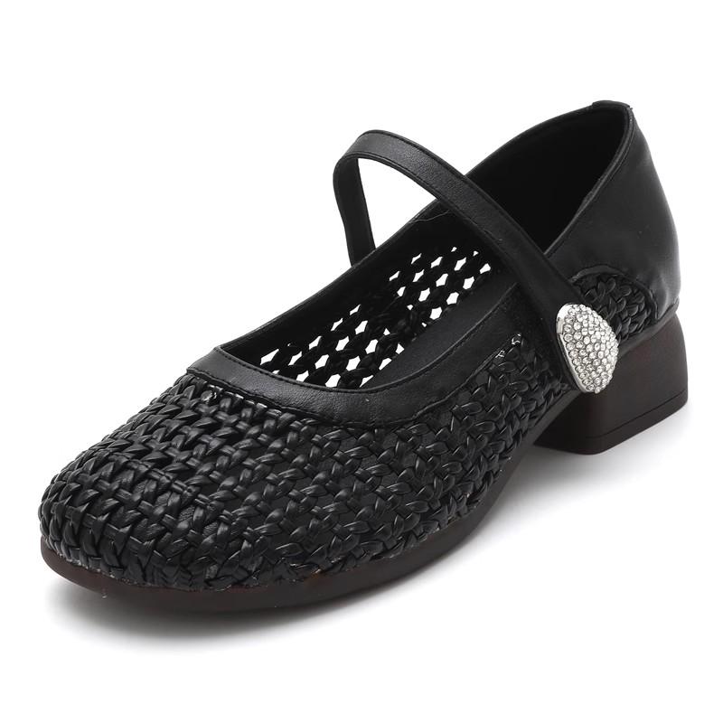 Fashion GKTINOO Genuine Leather Woven Thick Heels Women's Shoes 2025 Summer New Lace-up Soft Sole Casual Hollow Breathable Sandals
