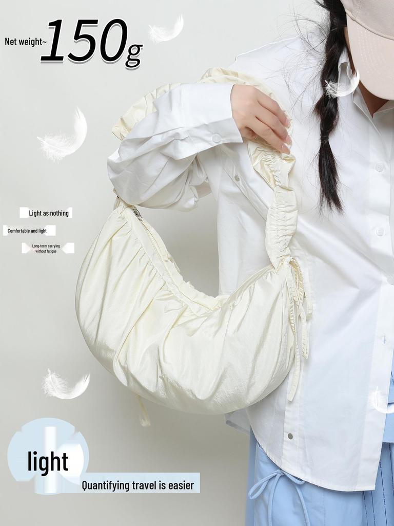 Lustrous Pleated Dumpling Bag - Large Capacity Nylon Crossbody & Shoulder Bag by Niche Korean Designer