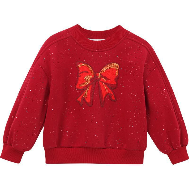 Girls New Year Fleece Hoodie Winter Warm One Piece Sweatshirt Stylish Kids Chinese Festival Top