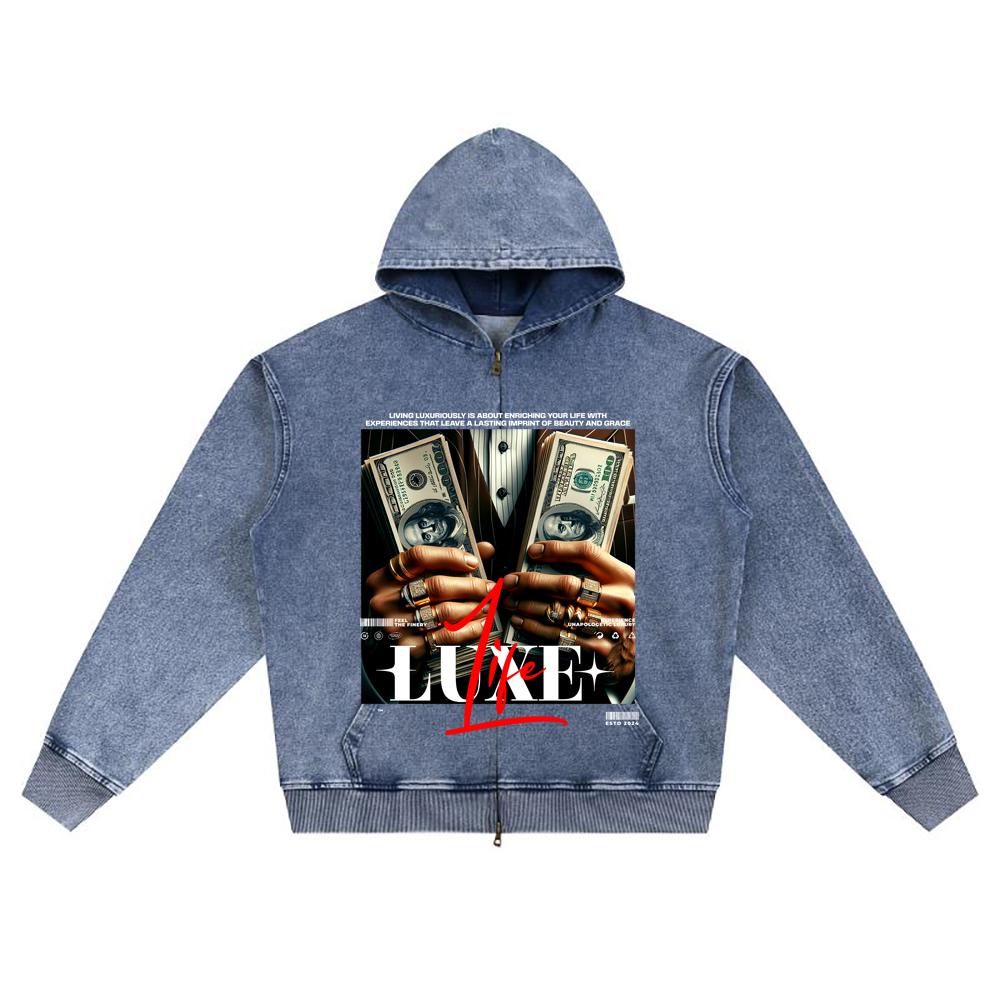 DTG print Knitted Denim Zip-Up Hoodie Luxe Life Brother Print Zipper Hoodies  