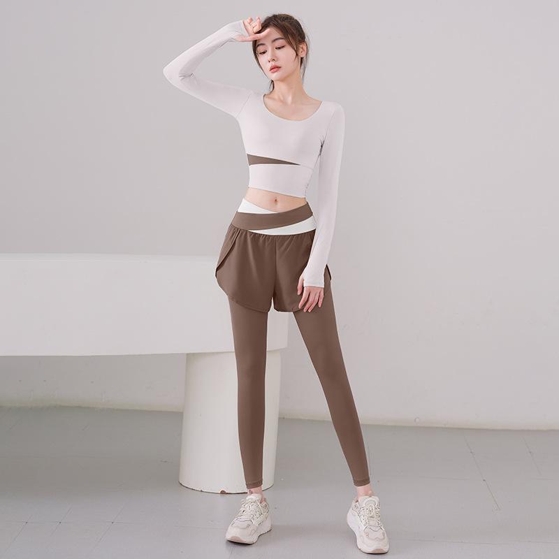 With chest pads, long sleeves, fake two-piece trousers set, running fitness, yoga clothes, sports women's outer wear, quick-drying, high waist