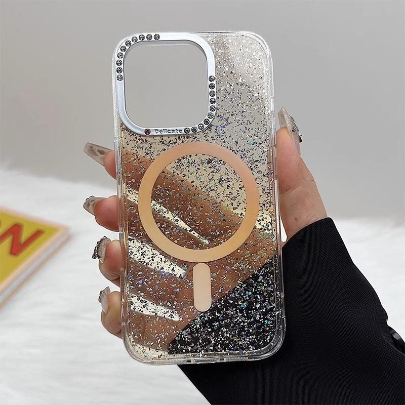 Applicable To IPhone16ProMax Color Magnetic Suction Phone Case Apple 15 Transparent Diamond Flash Powder Anti Fall 14 Protective Case