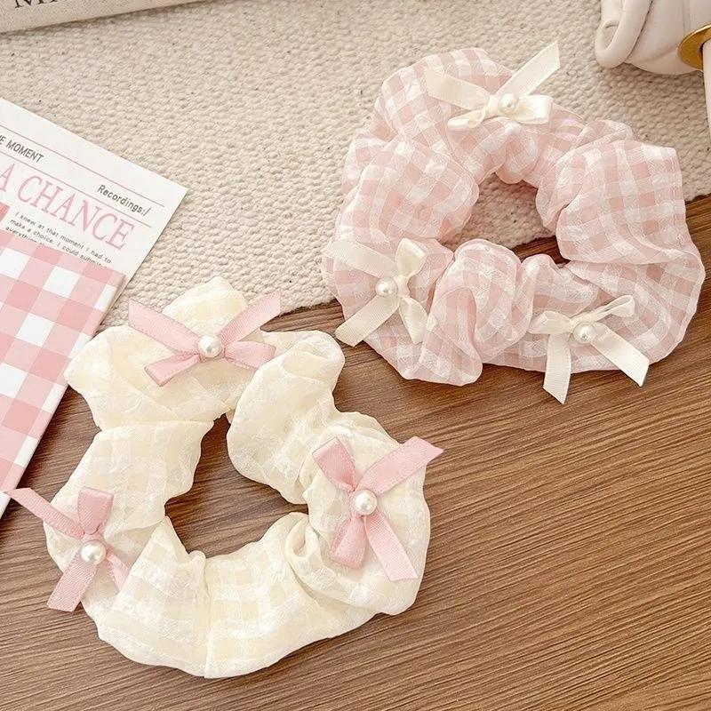 Sweet Satin Checkerboard Bow Hair Tie Women Ponytail Cute Hair Ring Fashion Hair Accessories