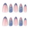 24PCS Short Almond Press on Nails Glitter Purple Gradient French False Nails 3D Patterns Fake Nail Tips Art Wearable Full Cover
