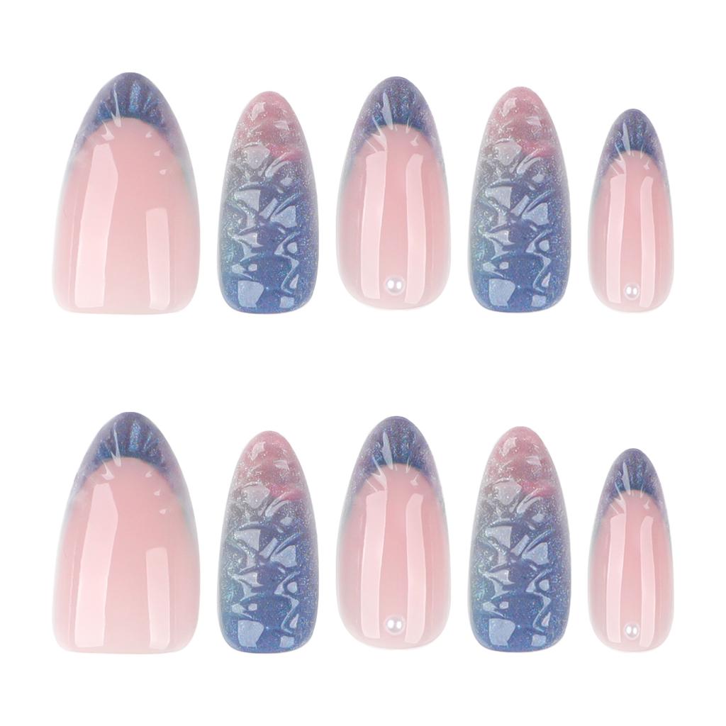 24PCS Short Almond Press on Nails Glitter Purple Gradient French False Nails 3D Patterns Fake Nail Tips Art Wearable Full Cover