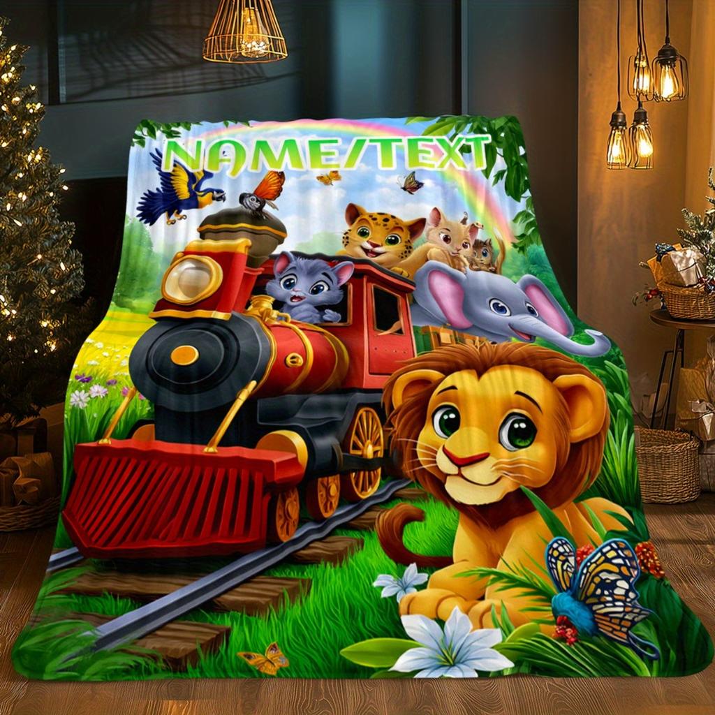 Custom Cartoon Animal Train Fleece Blanket Personalized Name Kids Throw Soft Warm All Season Bedding Gift For Boys Girls