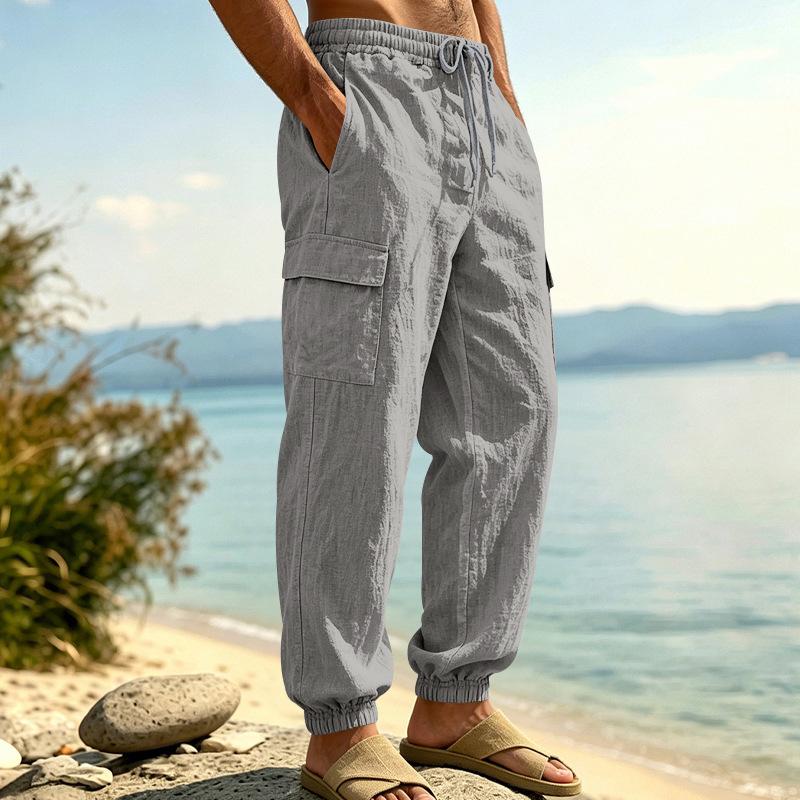 Men Drawstring Elastic Waist Multi Pocket Cargo Jogger Linen Pants Multiple Colors Available