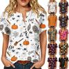 Women's Casual Halloween Print V Neck Short Sleeve Button Decor Seven Quarter Sleeve T Shirt Top for Autumn Seasonal Wear