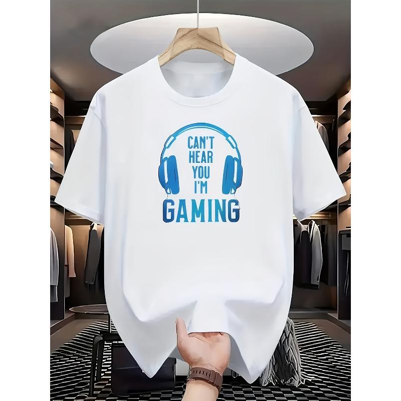 

European sizes Men s T-Shirt Round-Neck Short-Sleeve T-Shirt Featuring a Gaming Culture Design with Blue Headphones And The Creative Text S белый