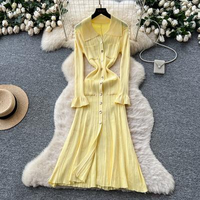 Autumn Spring Women Runway Party Dresses Fare Sleeve Knitted Sweater Single Breasted Long Maxi Fishtail Dress