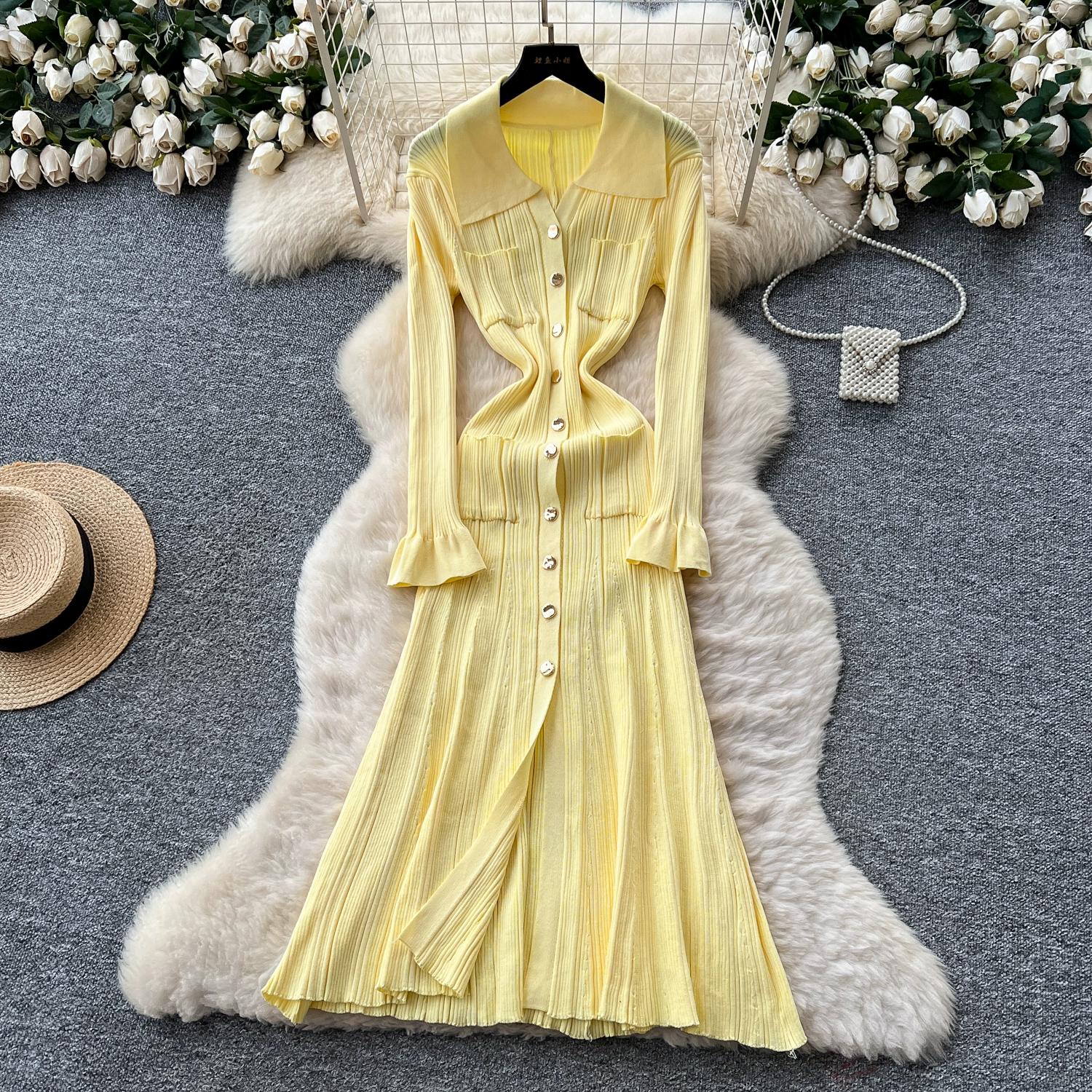 

Осень Весна Женские Подиумные Платья для Вечеринки Рукав Клеш Вязаный Свитер Однобортное Длинное Макси Платье Русалка One Size