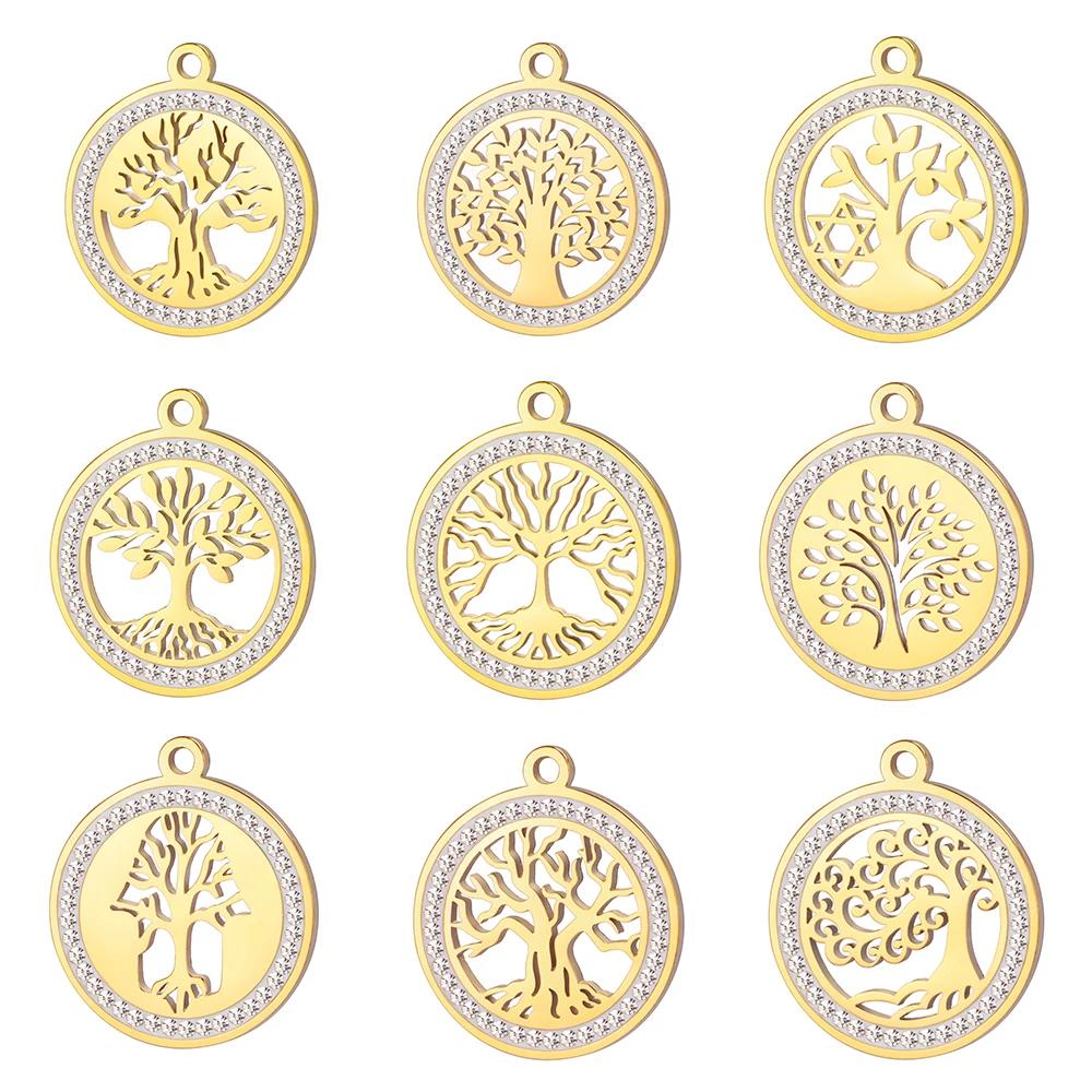 Xiaomi 3pcs/lot Amulet Tree of Life Round Clear Zircon Pendant Stainless Steel Gold Color Charms for Necklace Earring Jewelry Making