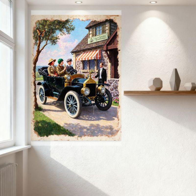 Vintage 1920s Ford Model T Automobile with Passengers Metal Tin Sign - General Store Scene for Home Bar Restaurant Man Cave Deco
