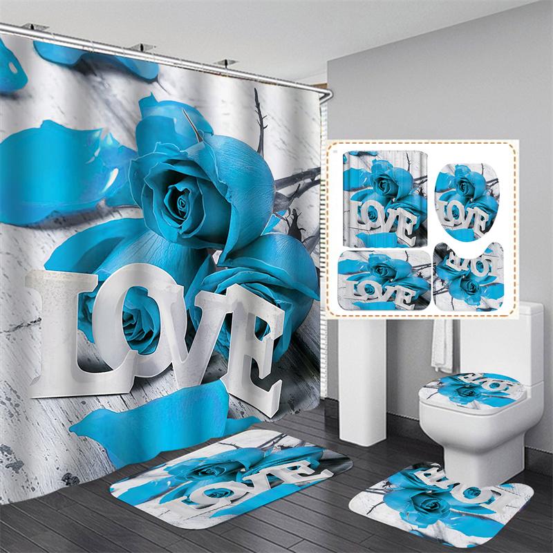 Perdele de duș cu trandafiri cu flori Perdele de baie din poliester impermeabil cu cârlige Perdeau pentru cadă Covoare moi pentru podea Covoraș de baie anti-alunecare Decor baie 4buc