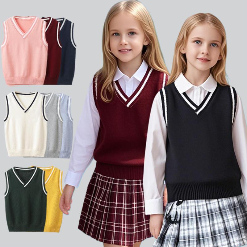 100% Cotton Teenage Kids Knit Vest Boys & Girls School Uniform Sweater Vest V-neck Pullover Preppy Style Children Top Clothes