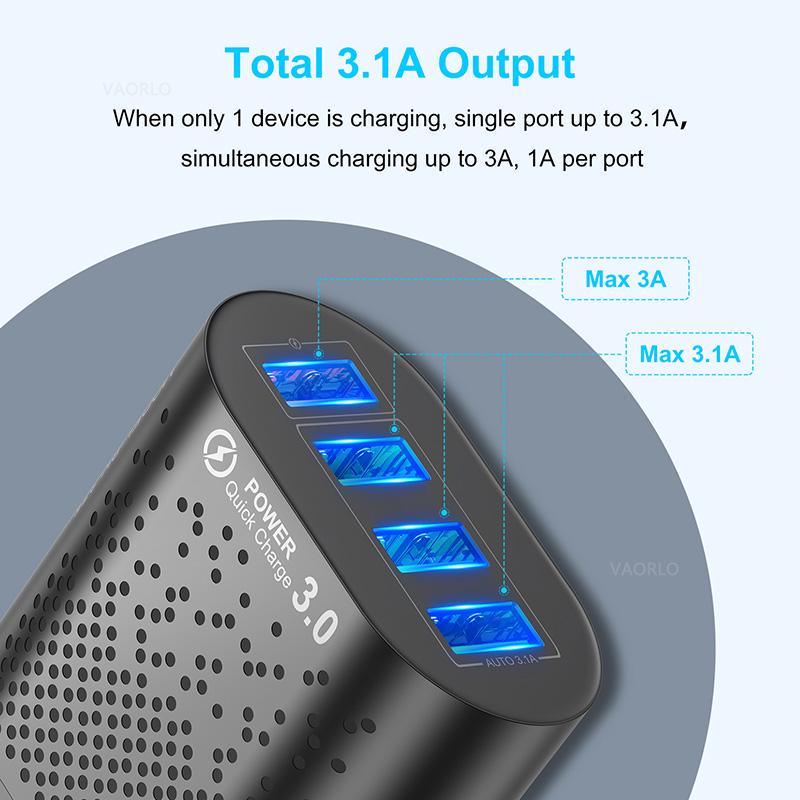 VAORLO 3A Charging Port Fast Charger 4 USB Port LED Light Quickly Charge EU US Plug 48W Charging