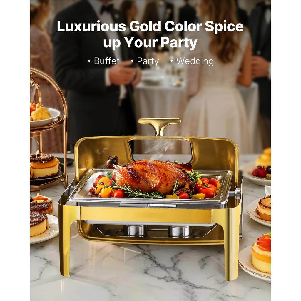 SucceBuy 9Qt Roll Top Chafing Dish Buffet Stainless Steel Chafer with Full Size Pan Visible Lid Rectangle Catering Warmer Server