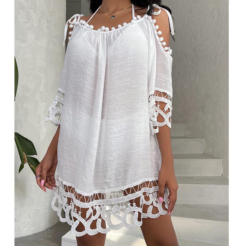 

Полый кружевной одно плечевой ремень сексуальный однотонный свободный повседневный пляжный солнцезащитный купальник для отдыха накидка ONESIZE белый