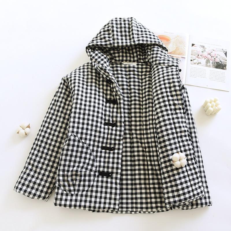 Black Plaid Hooded Cotton Clothes, Warm Cotton Clothes, Handmade Chinese Button-down Cotton-padded Jackets, Thickened Outing Jackets