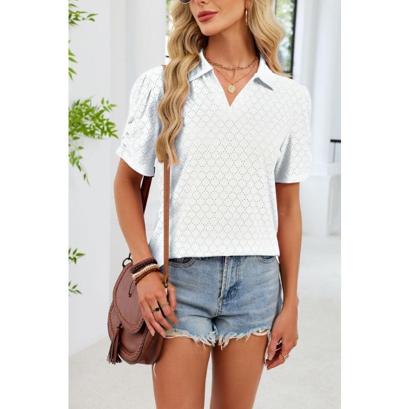 European and American cross-border foreign trade women's summer new V-neck T-shirt puff sleeve loose POLO shirt top