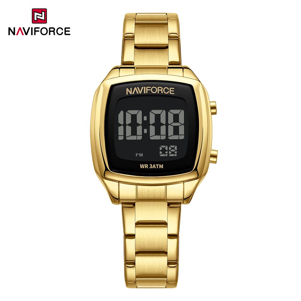 NAVIFORCE Women Digital Waterproof Watch Casual Sport Multifunction Stopwatch Gold Square Luminous Date Dial Stainless Steel Strap NF5047