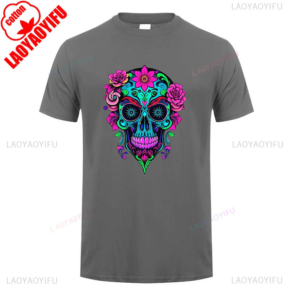 Cotton Summer Short Sleeve Mexican Skull Unisex Tee Round Neck Breathable Vintage Pattern Graphic Shortsleeved Launched Top