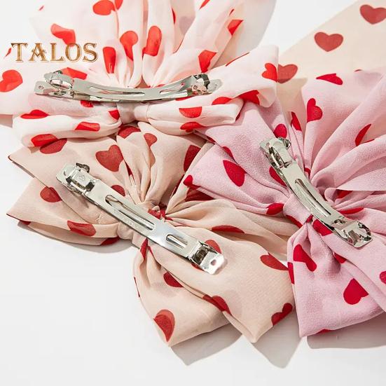 Women Hairpin Bow Shape Ribbon Heart-Shaped Pattern Hair Clip Spring Clip Back Head Hair Accessories Wedding Gift