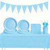 Available: Solid Light Blue Birthday Party Tableware Set - Includes Plates, Cups, Tablecloth, and Cutlery.