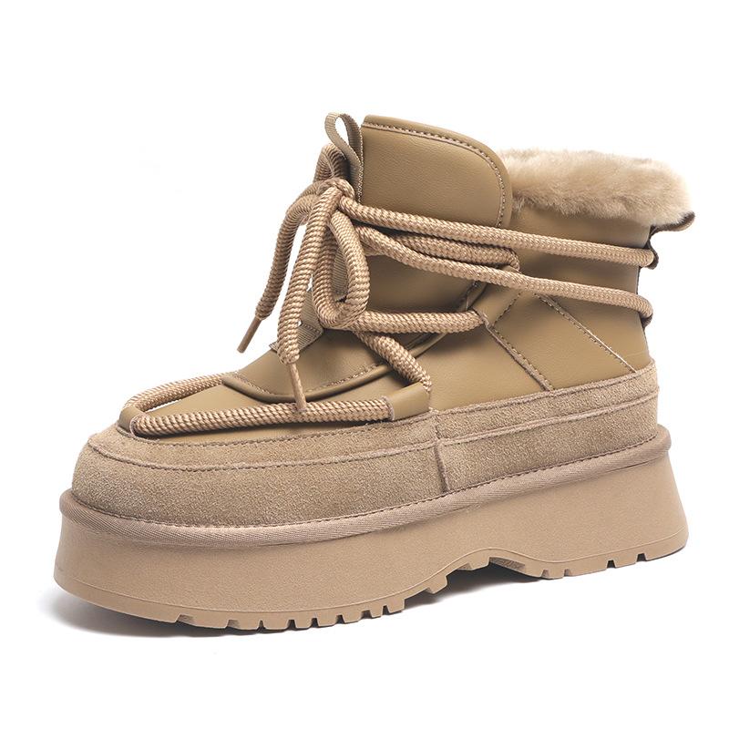 Cowhide snow boots women's new winter leather warm medium tube short diagonal women's cotton shoes boots