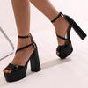 FOREADA Women Pumps Platform Thick High Heels Peep Toe Ankle Strap Crystal Buckle Party Sexy Spring Autumn Shoes Black White