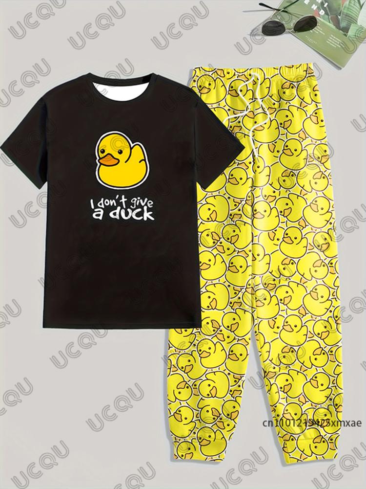 Herren Trainingsanzug 2-teiliges Set Gelber Enten-Print Sommer Jogginghose Sportbekleidung Kurzarm-T-Shirt+Lange Hose Freizeitkleidung