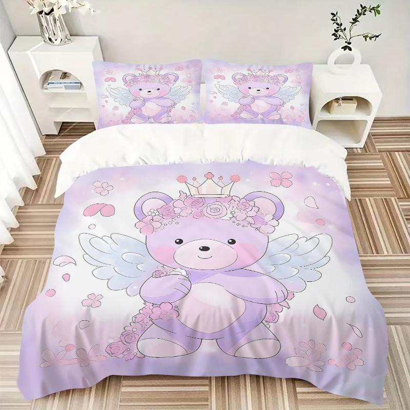 3pcs Purple Bear Pattern Bedding Three-Piece Set (1 Cover + 2 Pillowcases, No Fillings), This Printed Bedding Set Is Soft and Comfortable, S