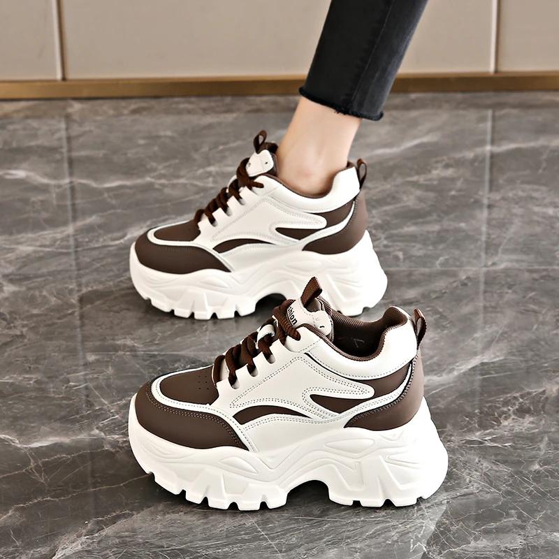 Mix Color Chunky Platform Sneakers Women Lace-Up Thick Bottom Vulcanzied Shoes Female Pu Leather Non-Slip Sports Shoes Woman