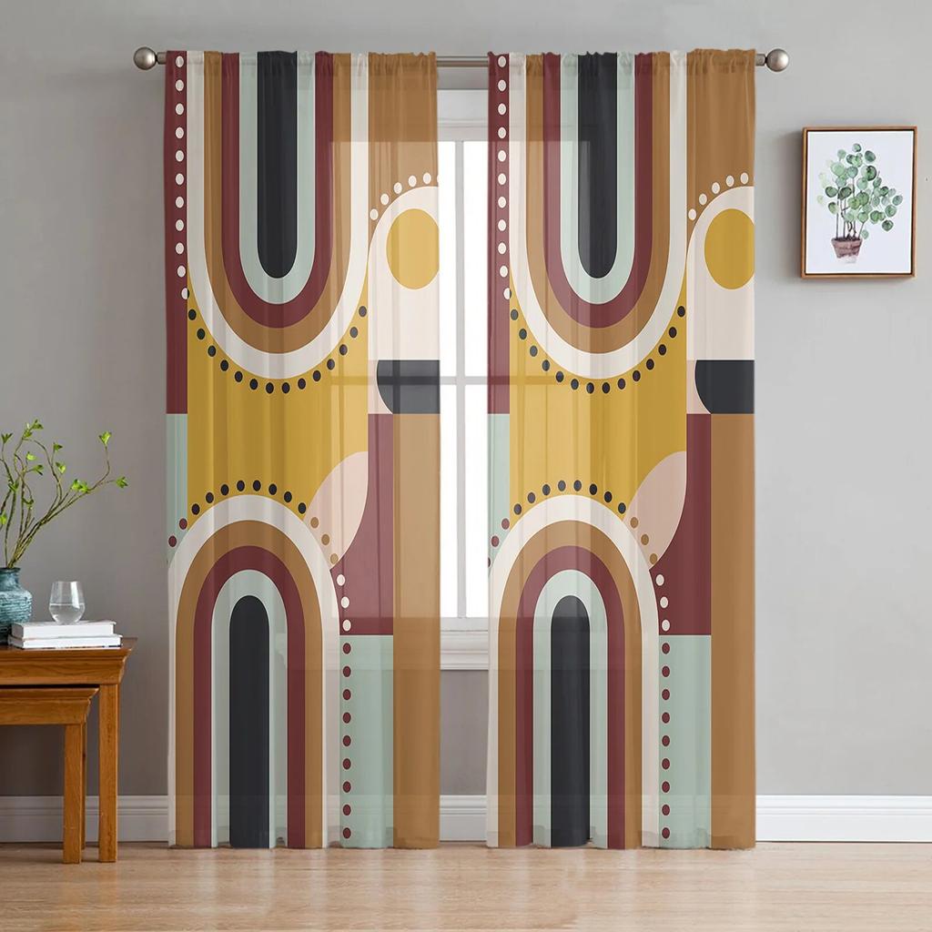 Abstract Medieval Geometry Bedroom Transparent Sheer Curtains Holiday Decoration Window Voile Tulle Curtain