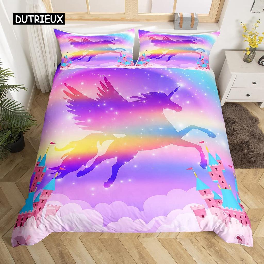 Unicorn Duvet Cover Set Cartoon Animal Galaxy Star Floral Bedding Set for Kids Girls Polyester Romantic Theme Comforter Cover
